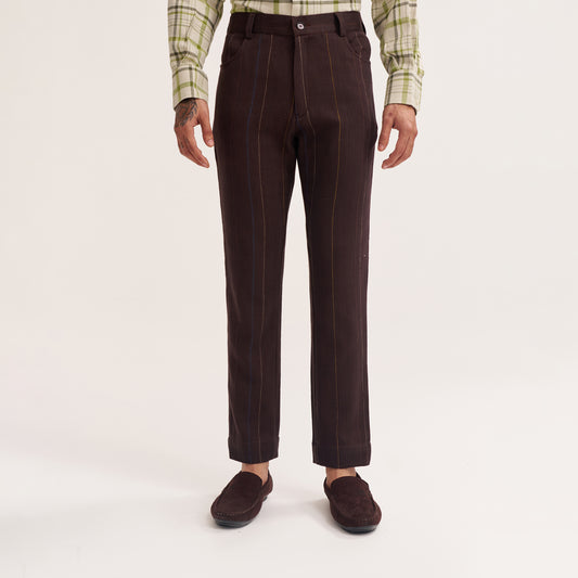 TAPERED FIT DARK BROWN MULTI COLOUR STRIPE HANDWOVEN COTTON TROUSERS