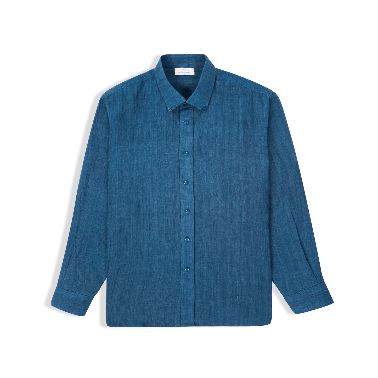 Indigo linen shirt displayed on hanger