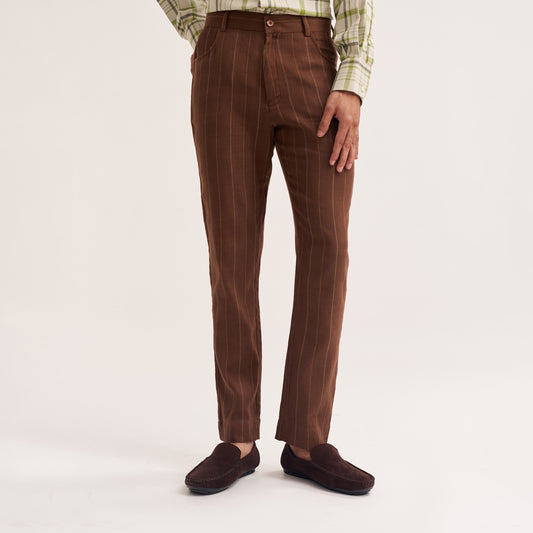 TAPERED FIT RUST BROWN MULTI COLOUR STRIPE HANDWOVEN COTTON TROUSERS