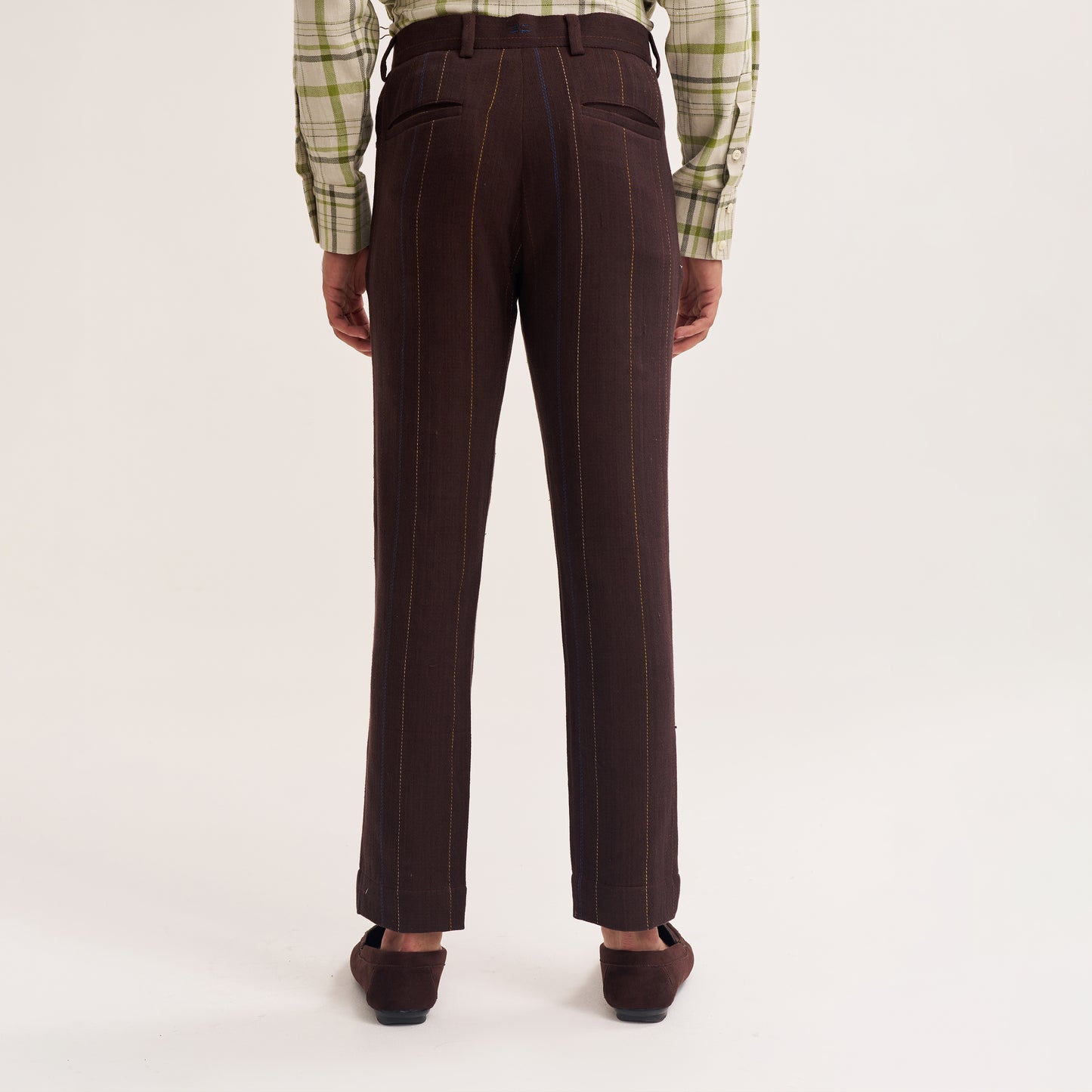 TAPERED FIT DARK BROWN MULTI COLOUR STRIPE HANDWOVEN COTTON TROUSERS