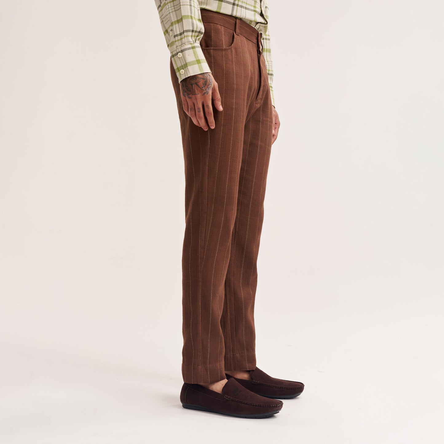TAPERED FIT RUST BROWN MULTI COLOUR STRIPE HANDWOVEN COTTON TROUSERS