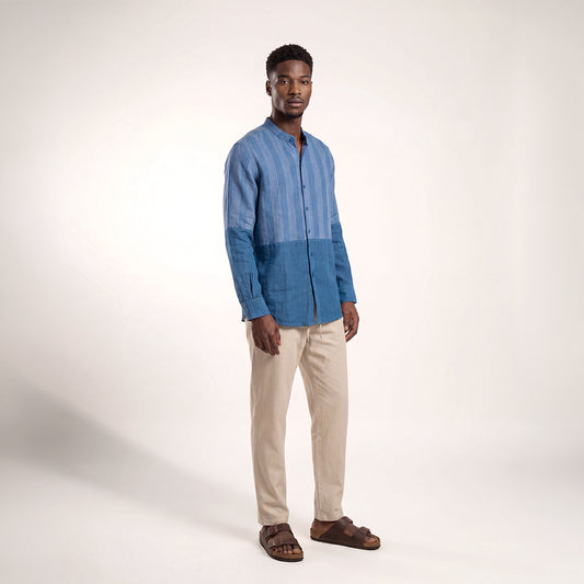 RELAXED FIT INDIGO PATCHWORK HANDWOVEN COTTON SHIRT