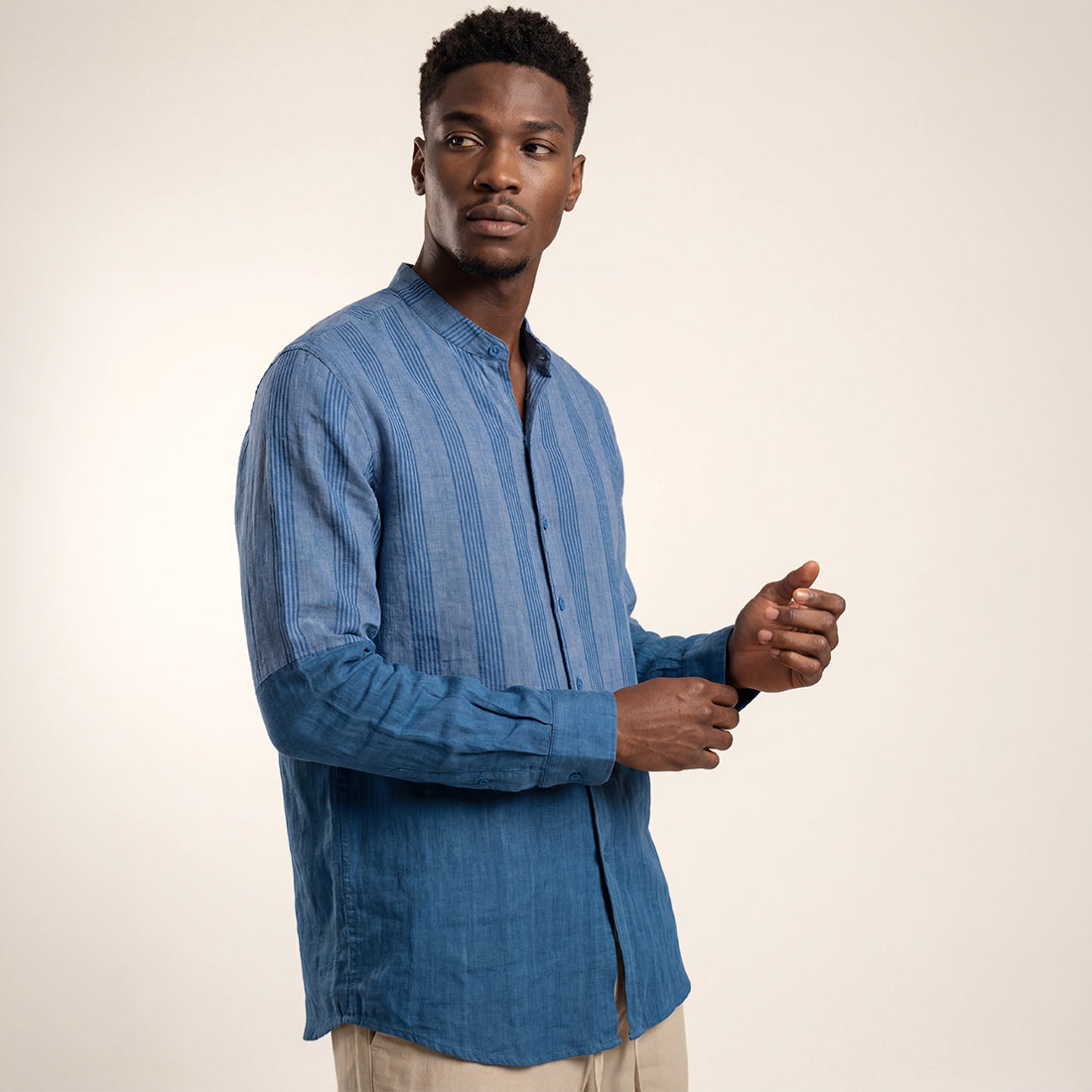 RELAXED FIT INDIGO PATCHWORK HANDWOVEN COTTON SHIRT