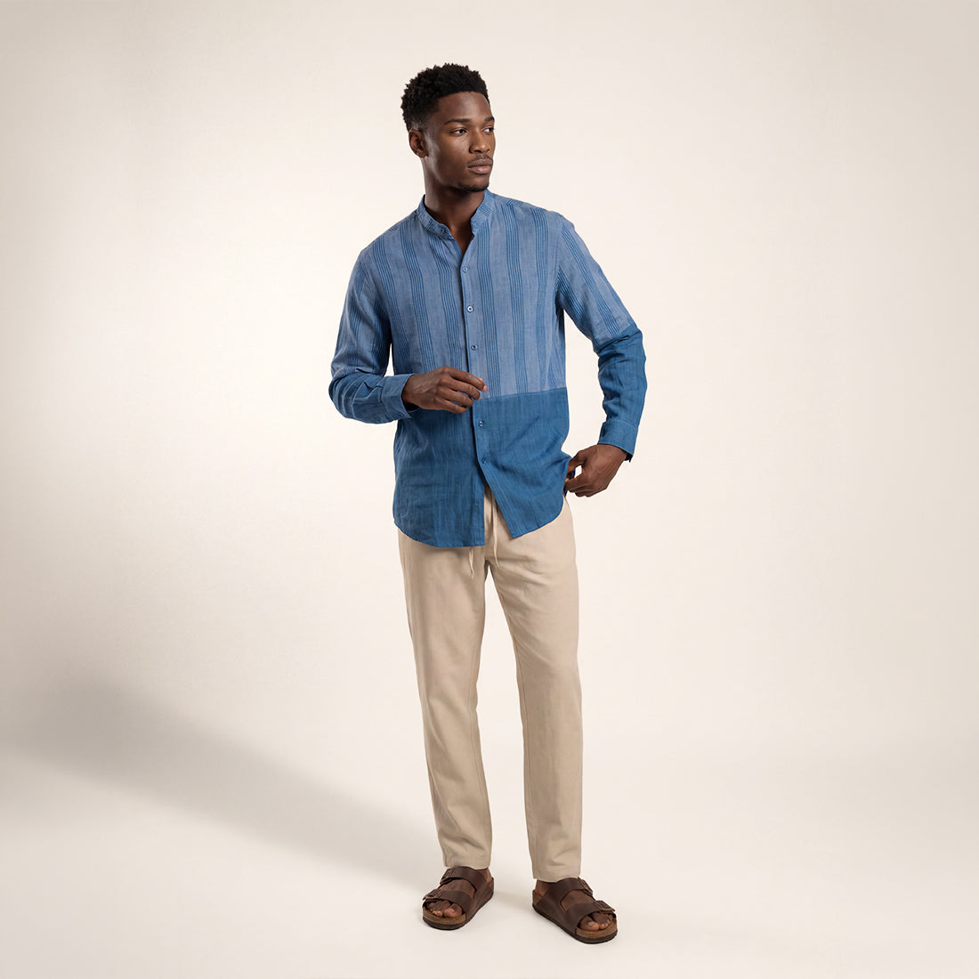 RELAXED FIT INDIGO PATCHWORK HANDWOVEN COTTON SHIRT