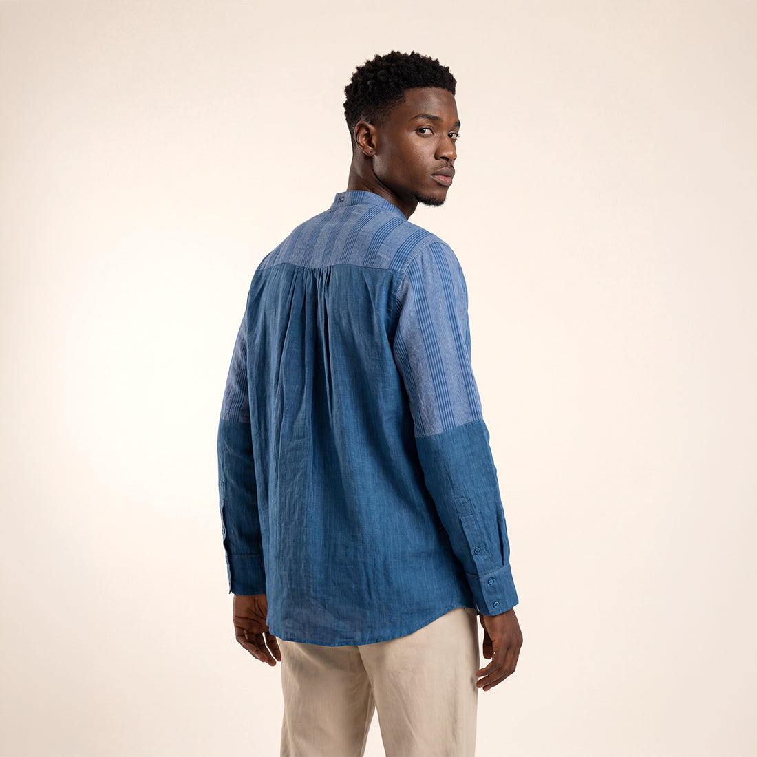 RELAXED FIT INDIGO PATCHWORK HANDWOVEN COTTON SHIRT