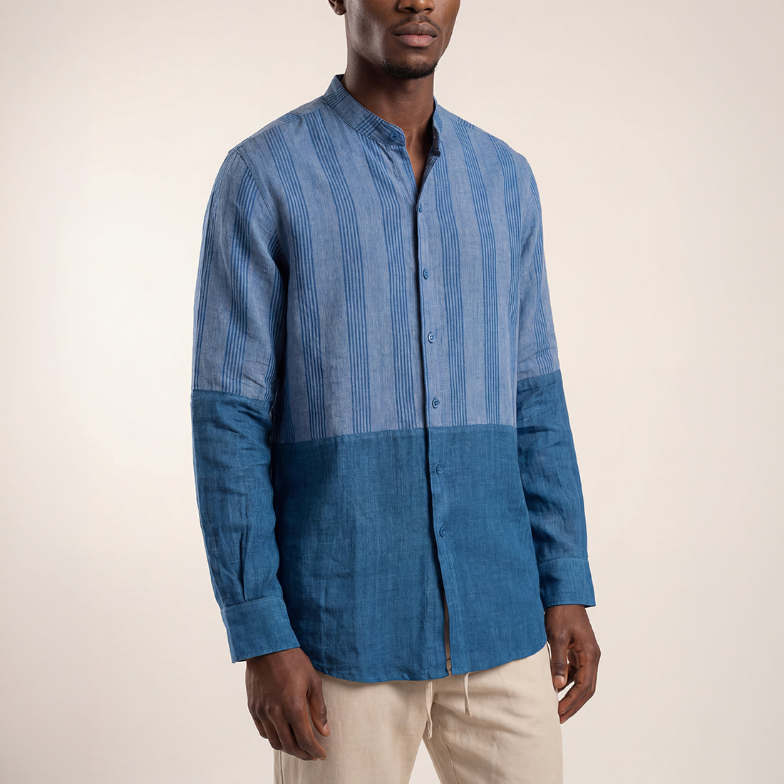 RELAXED FIT INDIGO PATCHWORK HANDWOVEN COTTON SHIRT