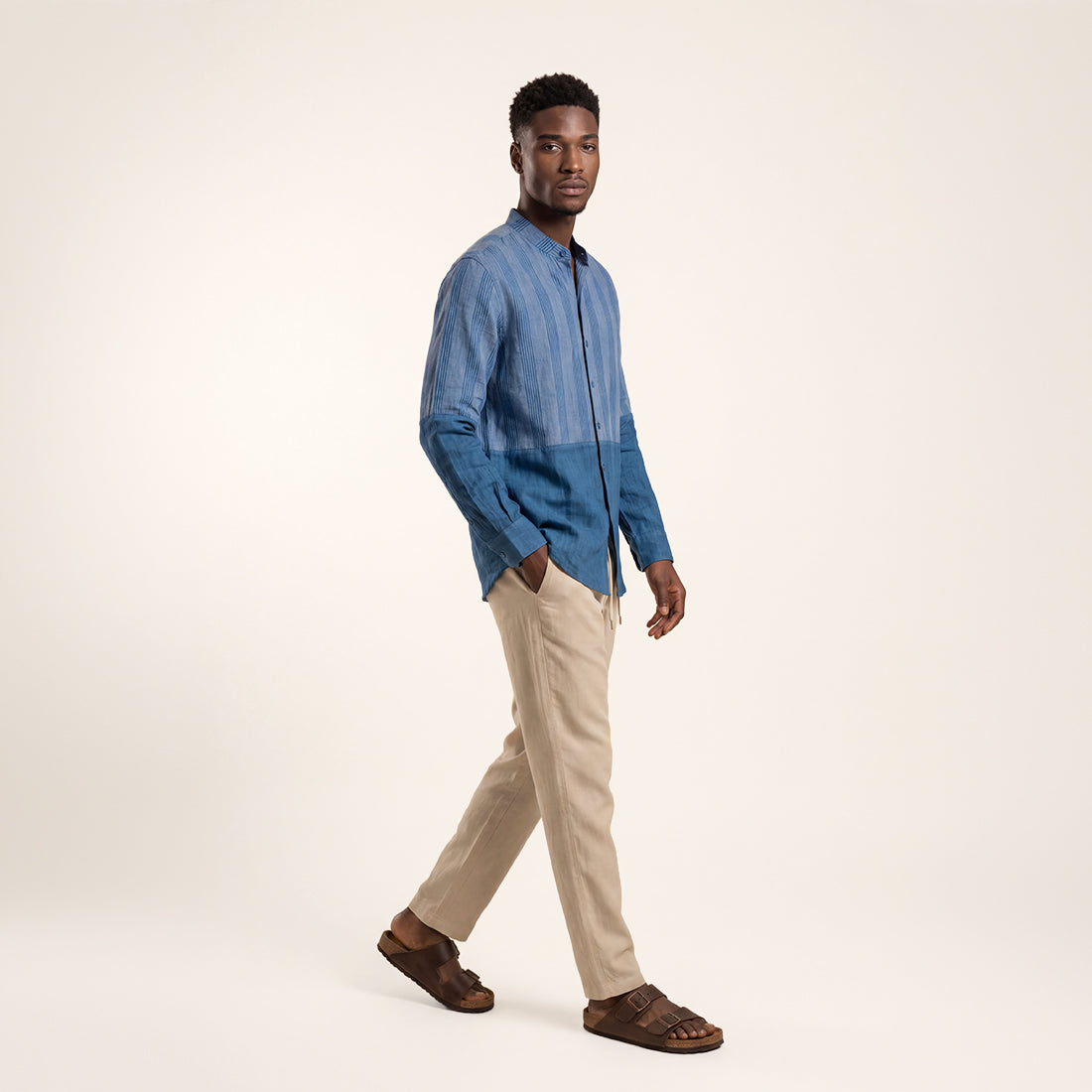 RELAXED FIT INDIGO PATCHWORK HANDWOVEN COTTON SHIRT