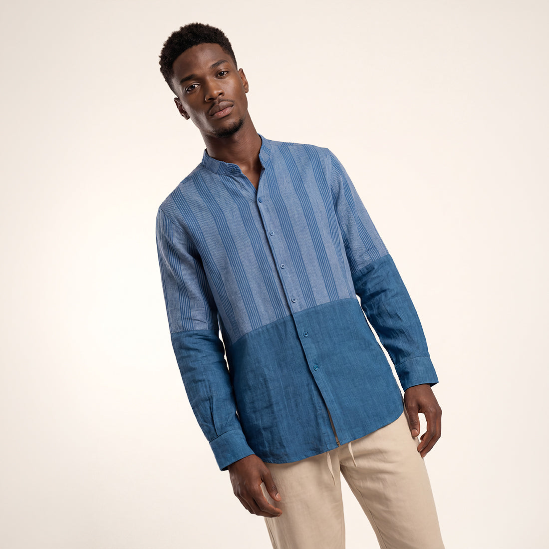 RELAXED FIT INDIGO PATCHWORK HANDWOVEN COTTON SHIRT