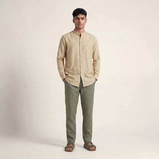 RELAXED FIT BEIGE LINEN- MATKA SILK SHIRT WITH BAND COLLAR