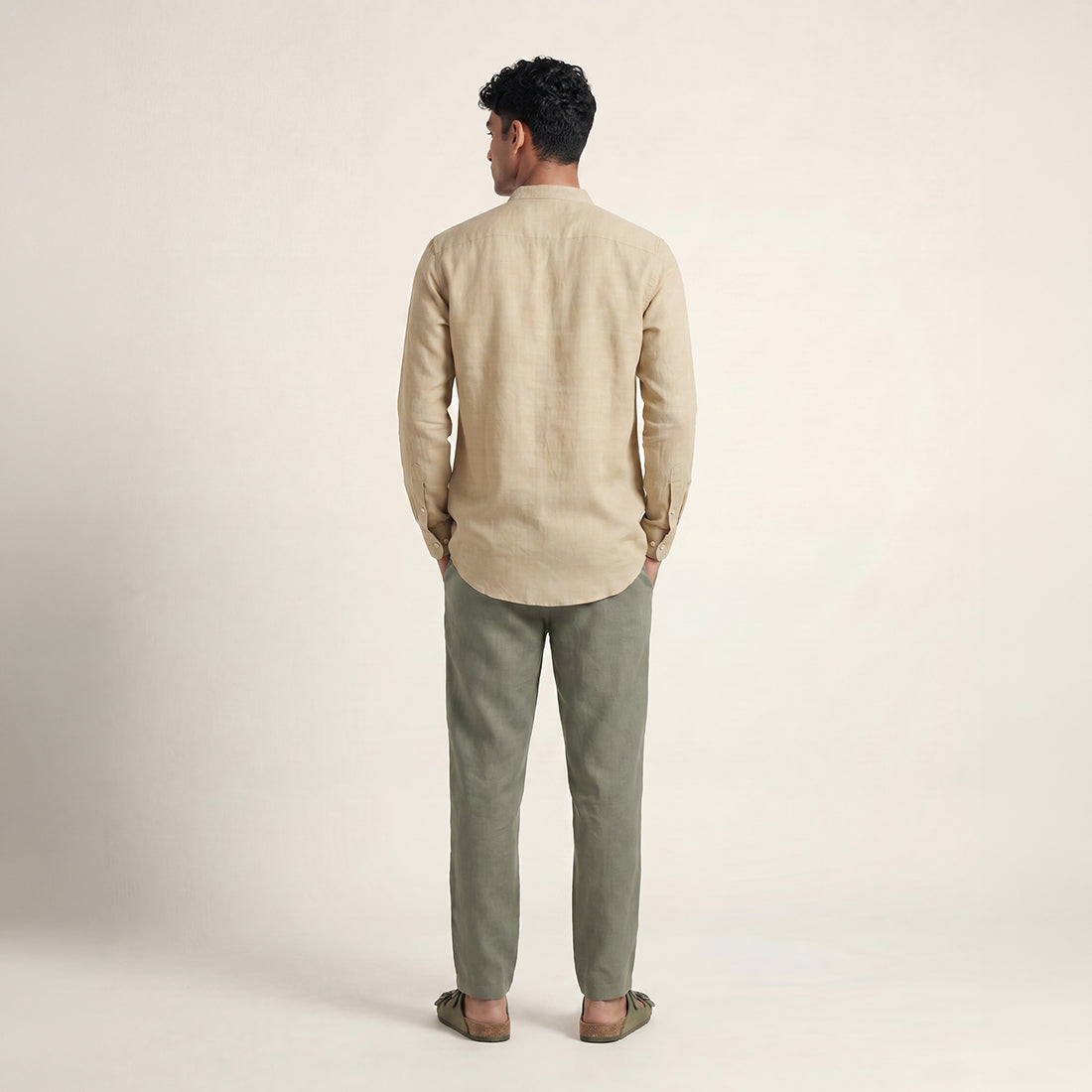 RELAXED FIT BEIGE LINEN- MATKA SILK SHIRT WITH BAND COLLAR