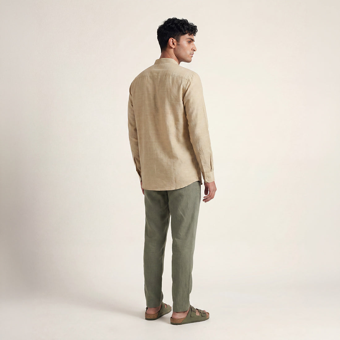 RELAXED FIT BEIGE LINEN- MATKA SILK SHIRT WITH BAND COLLAR