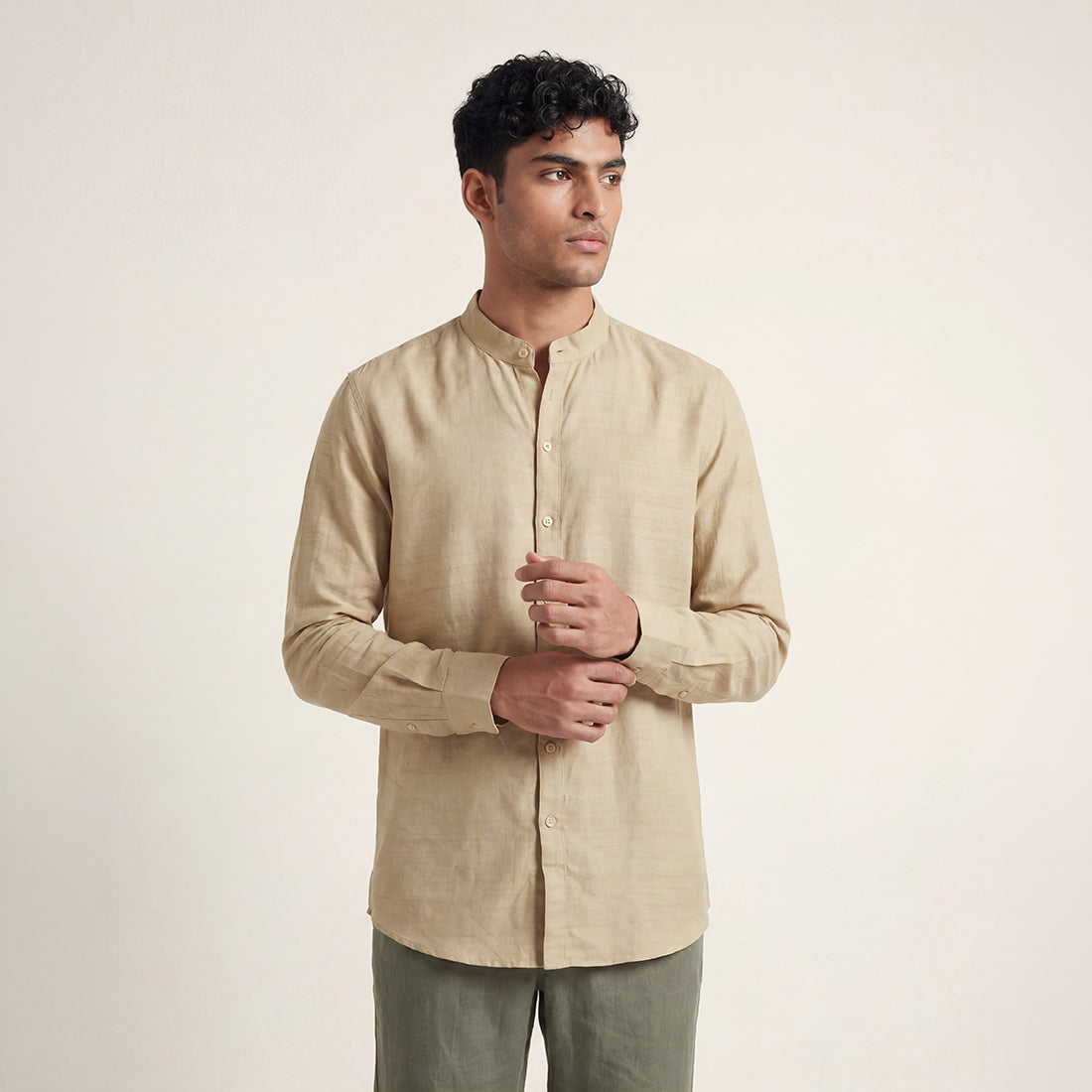 RELAXED FIT BEIGE LINEN- MATKA SILK SHIRT WITH BAND COLLAR