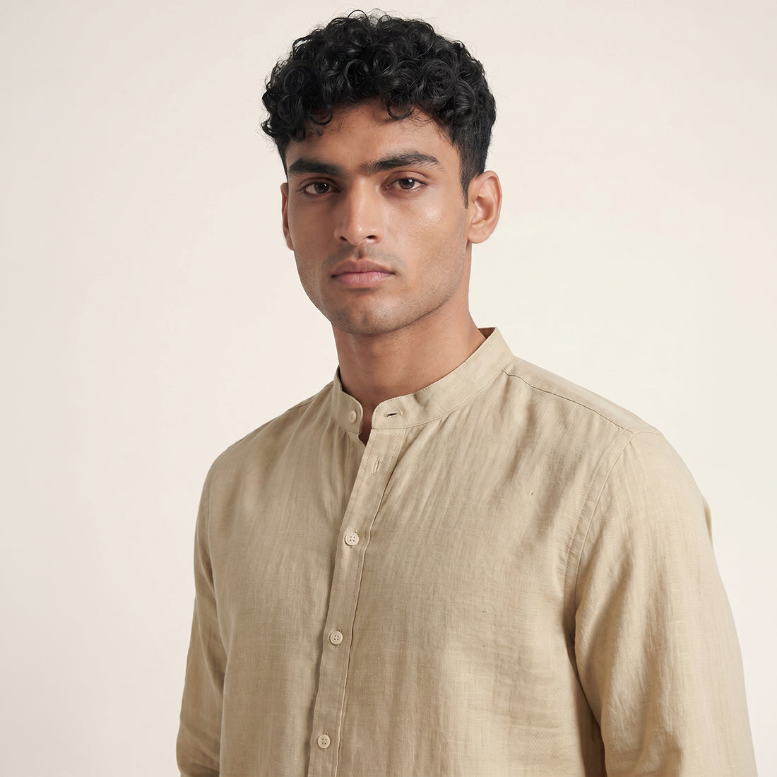 RELAXED FIT BEIGE LINEN- MATKA SILK SHIRT WITH BAND COLLAR