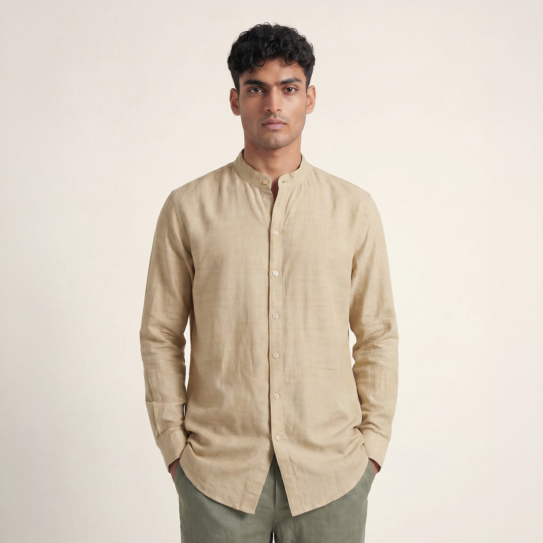 RELAXED FIT BEIGE LINEN- MATKA SILK SHIRT WITH BAND COLLAR