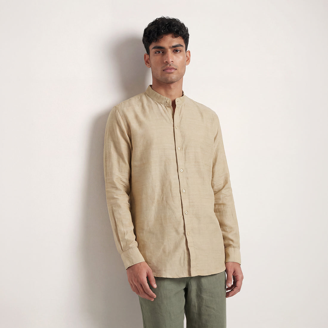 RELAXED FIT BEIGE LINEN- MATKA SILK SHIRT WITH BAND COLLAR