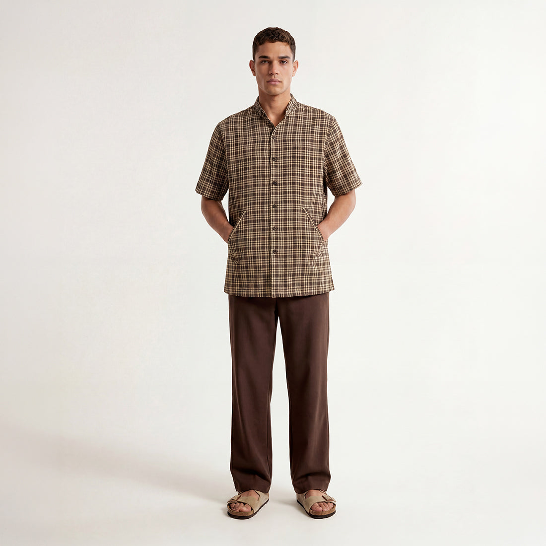REGULAR FIT DARK BROWN CHECK HANDWOVEN COTTON SHIRT