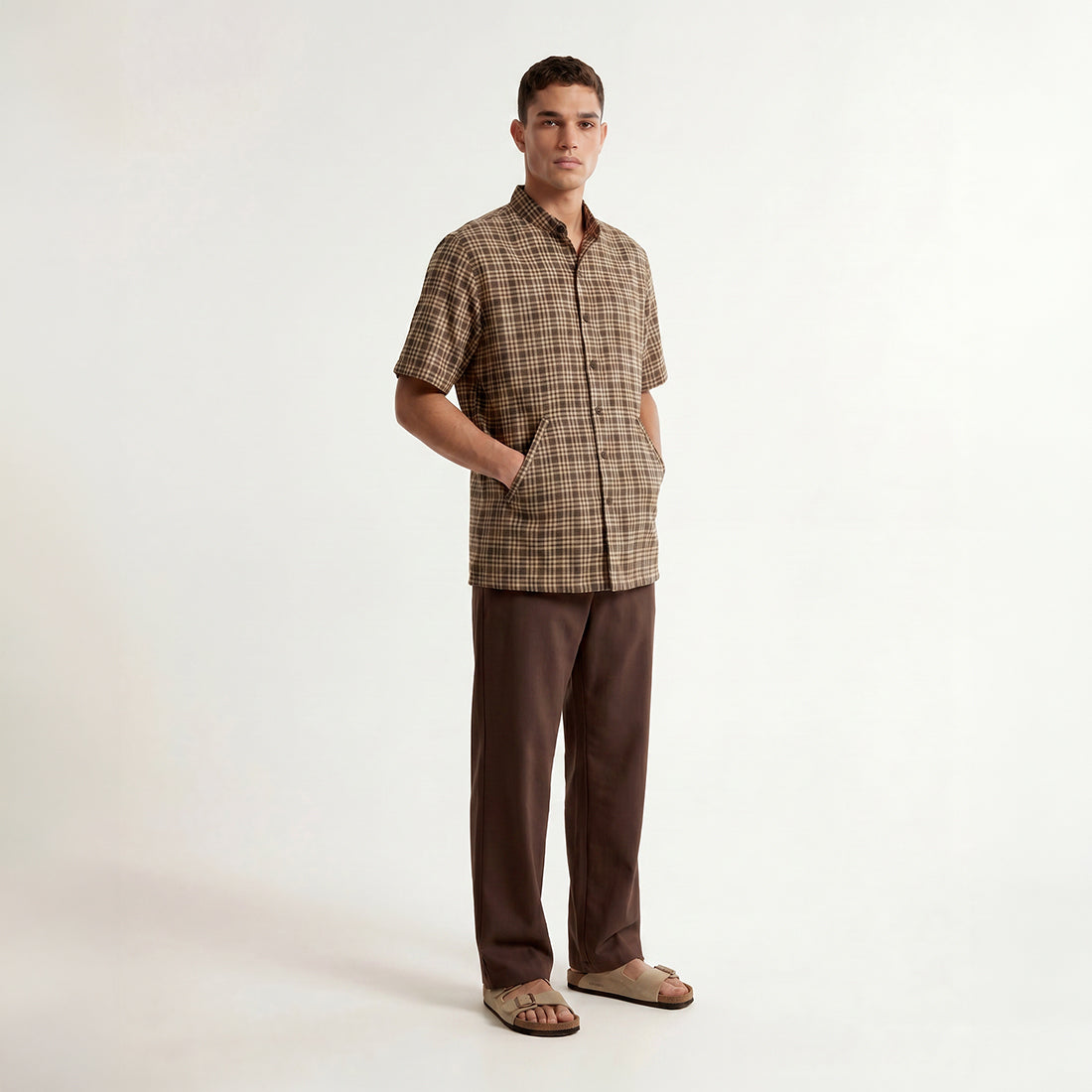 REGULAR FIT DARK BROWN CHECK HANDWOVEN COTTON SHIRT