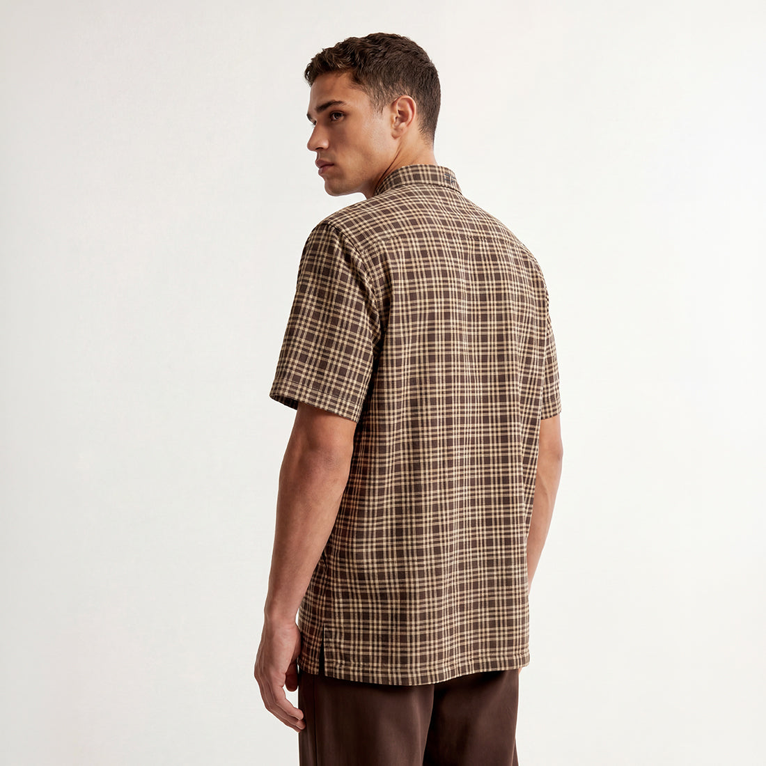 REGULAR FIT DARK BROWN CHECK HANDWOVEN COTTON SHIRT