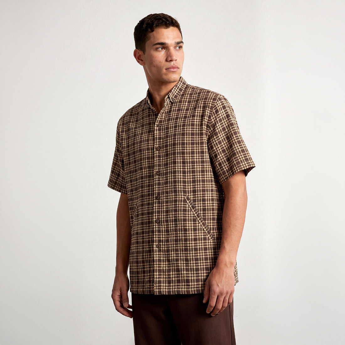 REGULAR FIT DARK BROWN CHECK HANDWOVEN COTTON SHIRT