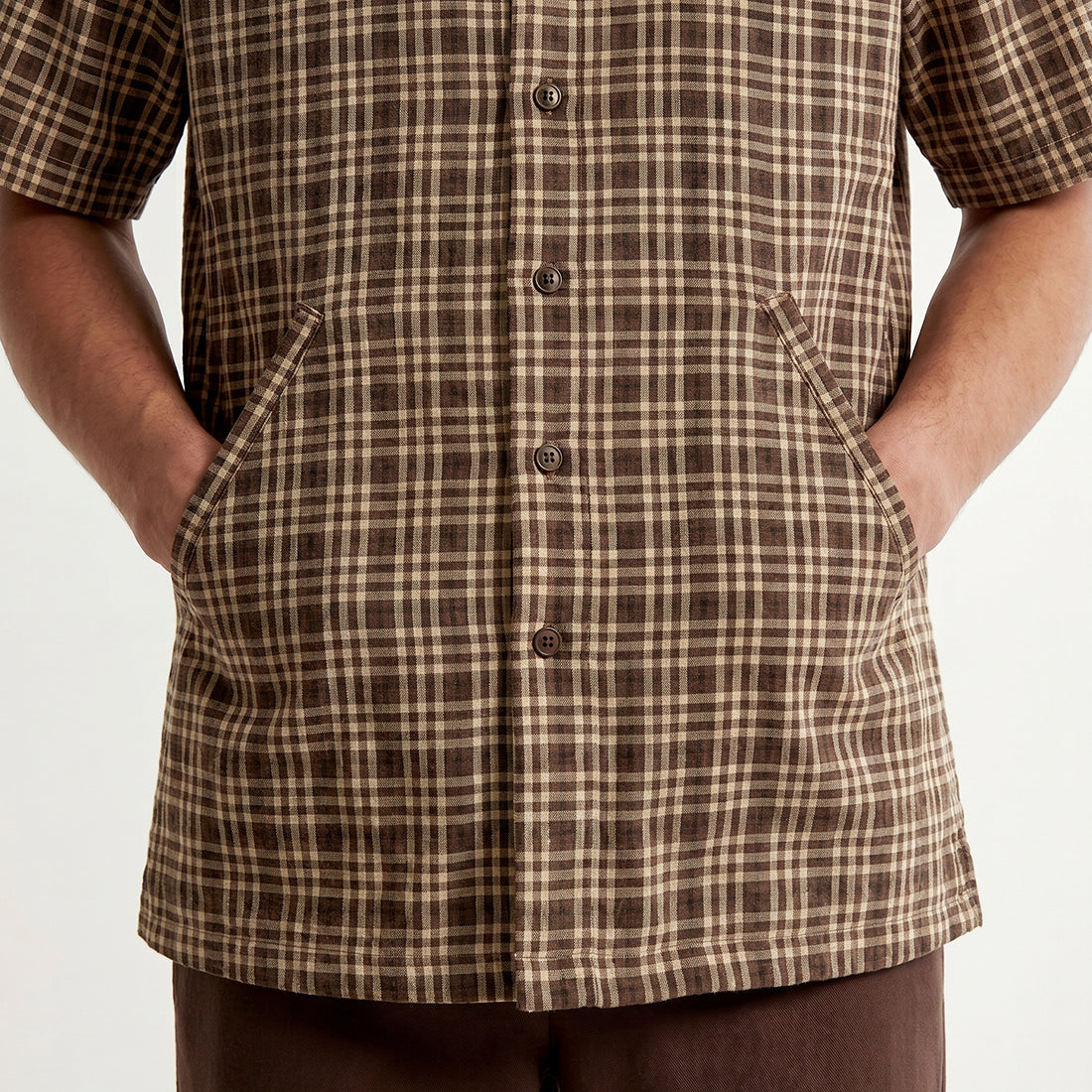 REGULAR FIT DARK BROWN CHECK HANDWOVEN COTTON SHIRT