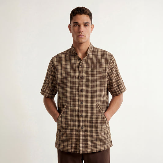 REGULAR FIT DARK BROWN CHECK HANDWOVEN COTTON SHIRT