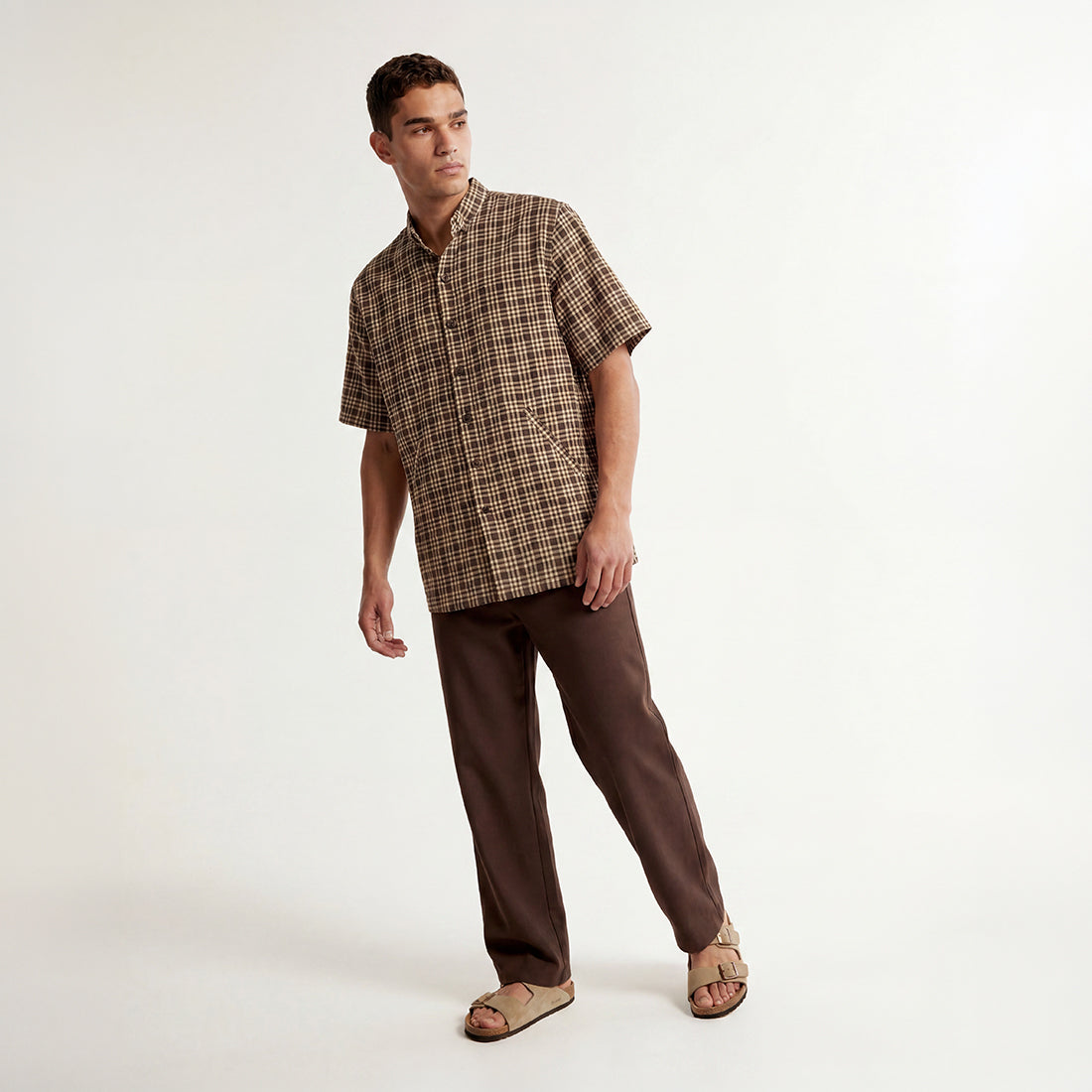 REGULAR FIT DARK BROWN CHECK HANDWOVEN COTTON SHIRT