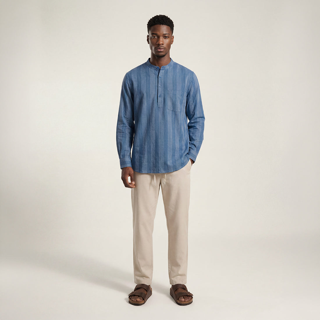 INDIGO STRIPE BAND COLLAR SHIRT WITH PATCH POCKET