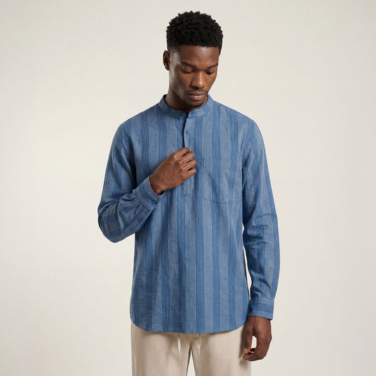 INDIGO STRIPE BAND COLLAR SHIRT WITH PATCH POCKET