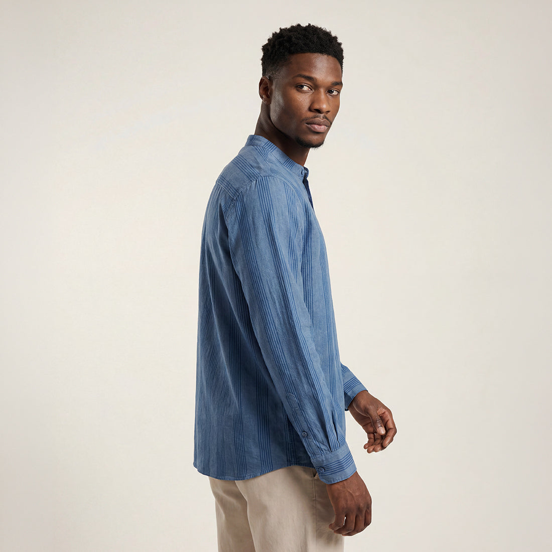 INDIGO STRIPE BAND COLLAR SHIRT WITH PATCH POCKET