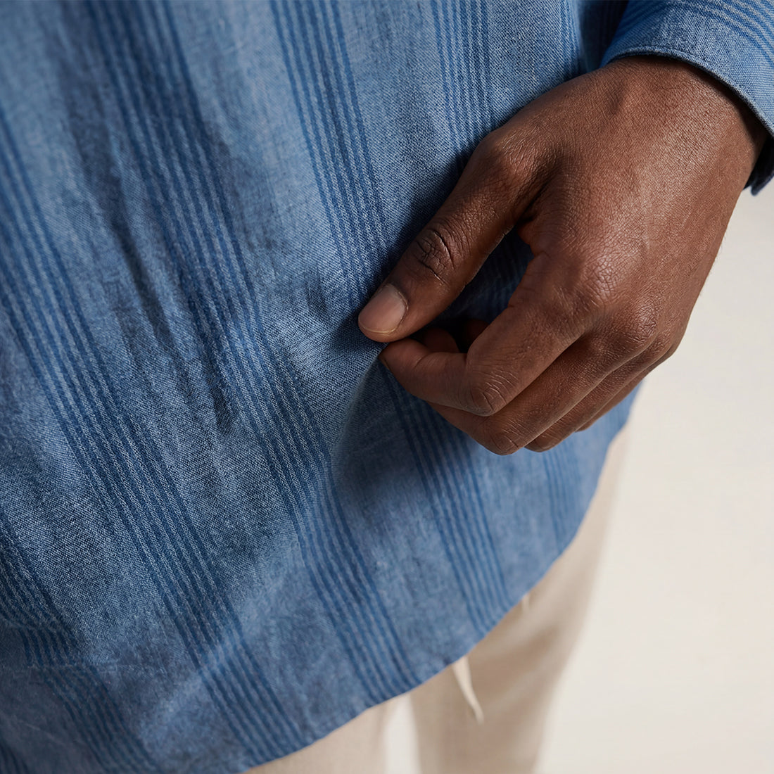 INDIGO STRIPE BAND COLLAR SHIRT WITH PATCH POCKET