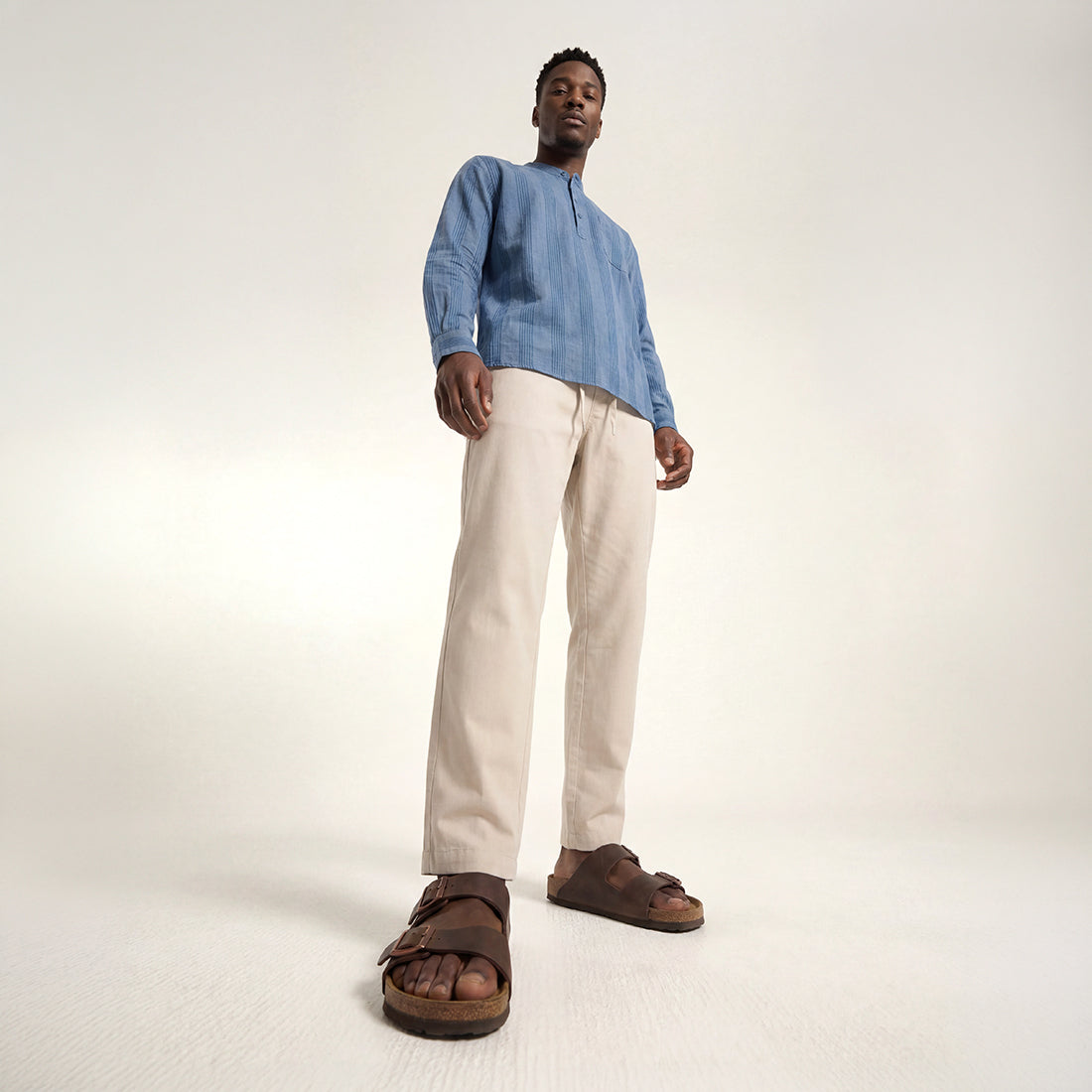 INDIGO STRIPE BAND COLLAR SHIRT WITH PATCH POCKET