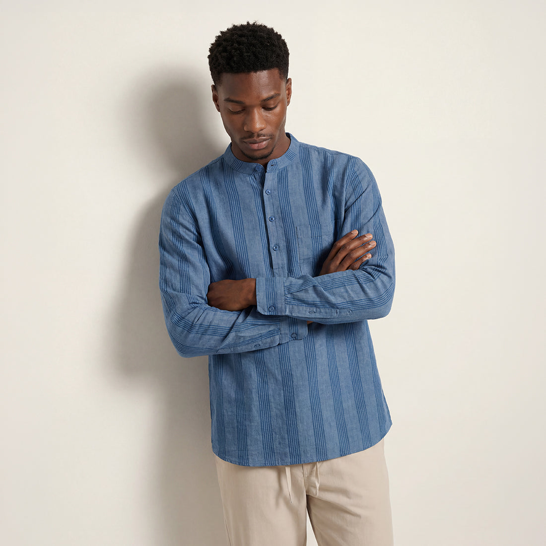 INDIGO STRIPE BAND COLLAR SHIRT WITH PATCH POCKET