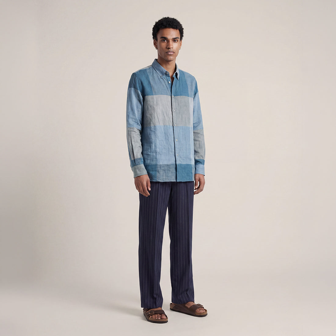 REGULAR FIT INDIGO CHECK COLOUR BLOCK HANDWOVEN COTTON SHIRT