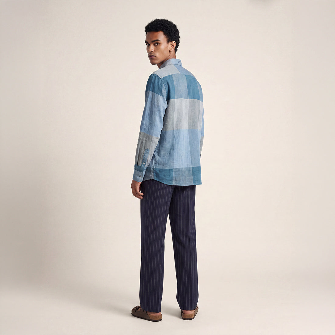 REGULAR FIT INDIGO CHECK COLOUR BLOCK HANDWOVEN COTTON SHIRT