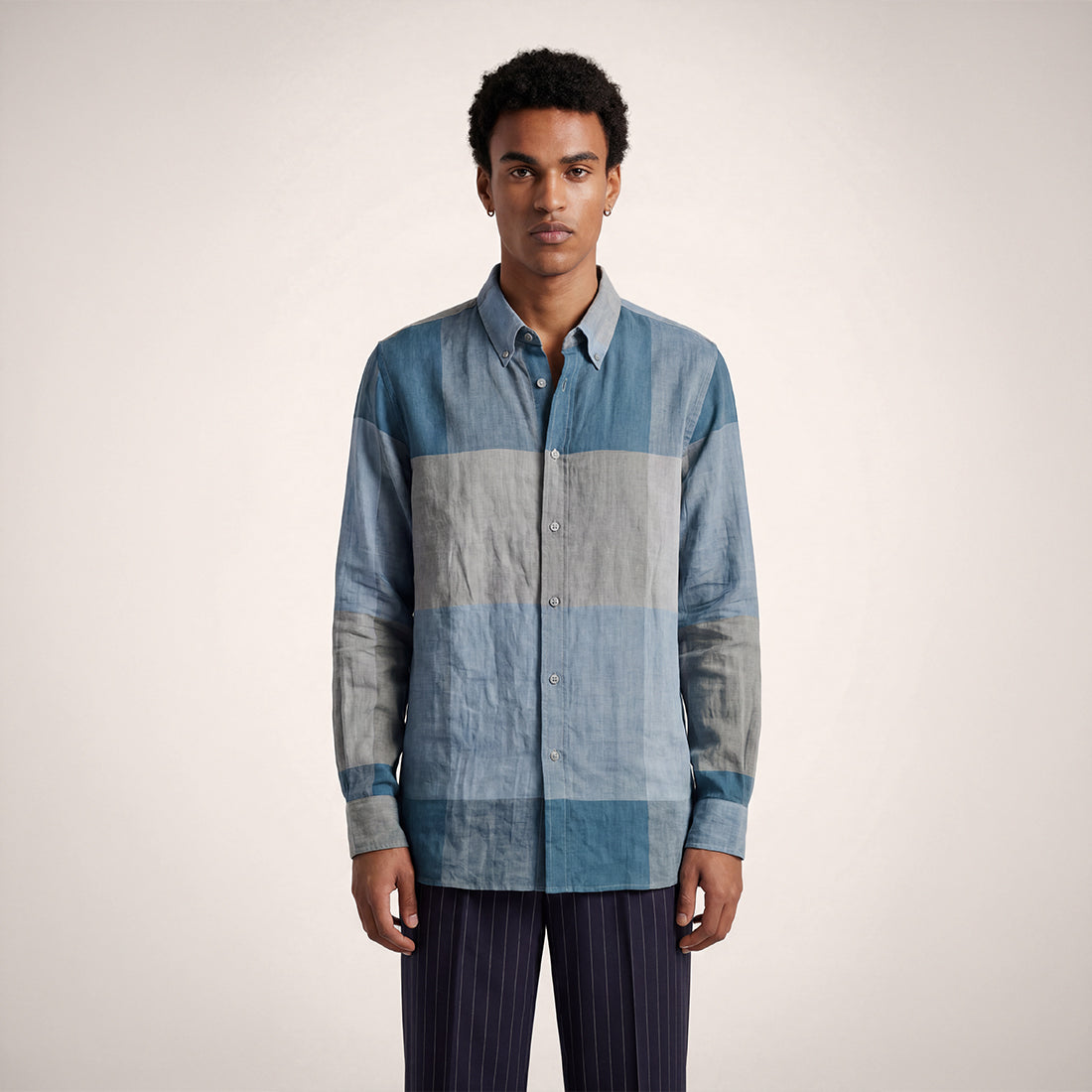 REGULAR FIT INDIGO CHECK COLOUR BLOCK HANDWOVEN COTTON SHIRT