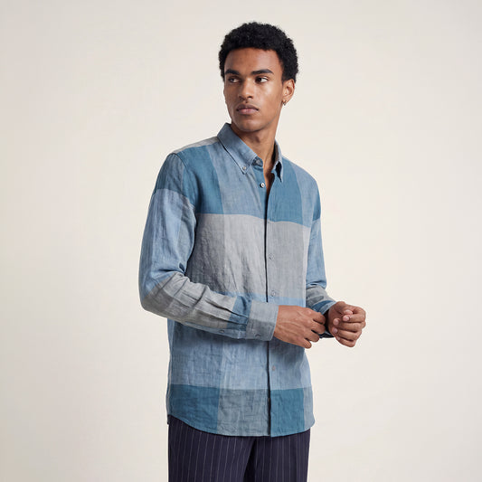 REGULAR FIT INDIGO CHECK COLOUR BLOCK HANDWOVEN COTTON SHIRT