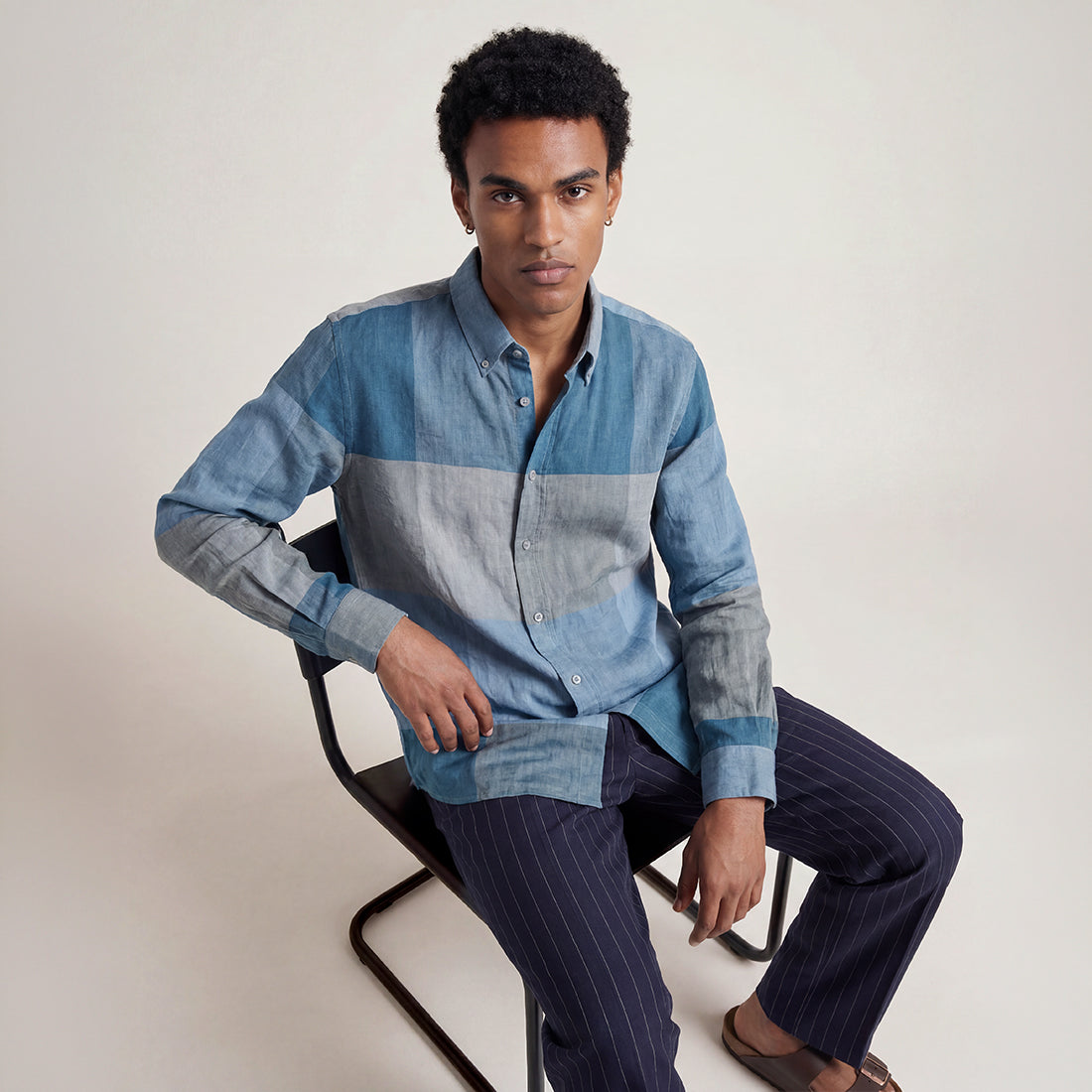 REGULAR FIT INDIGO CHECK COLOUR BLOCK HANDWOVEN COTTON SHIRT