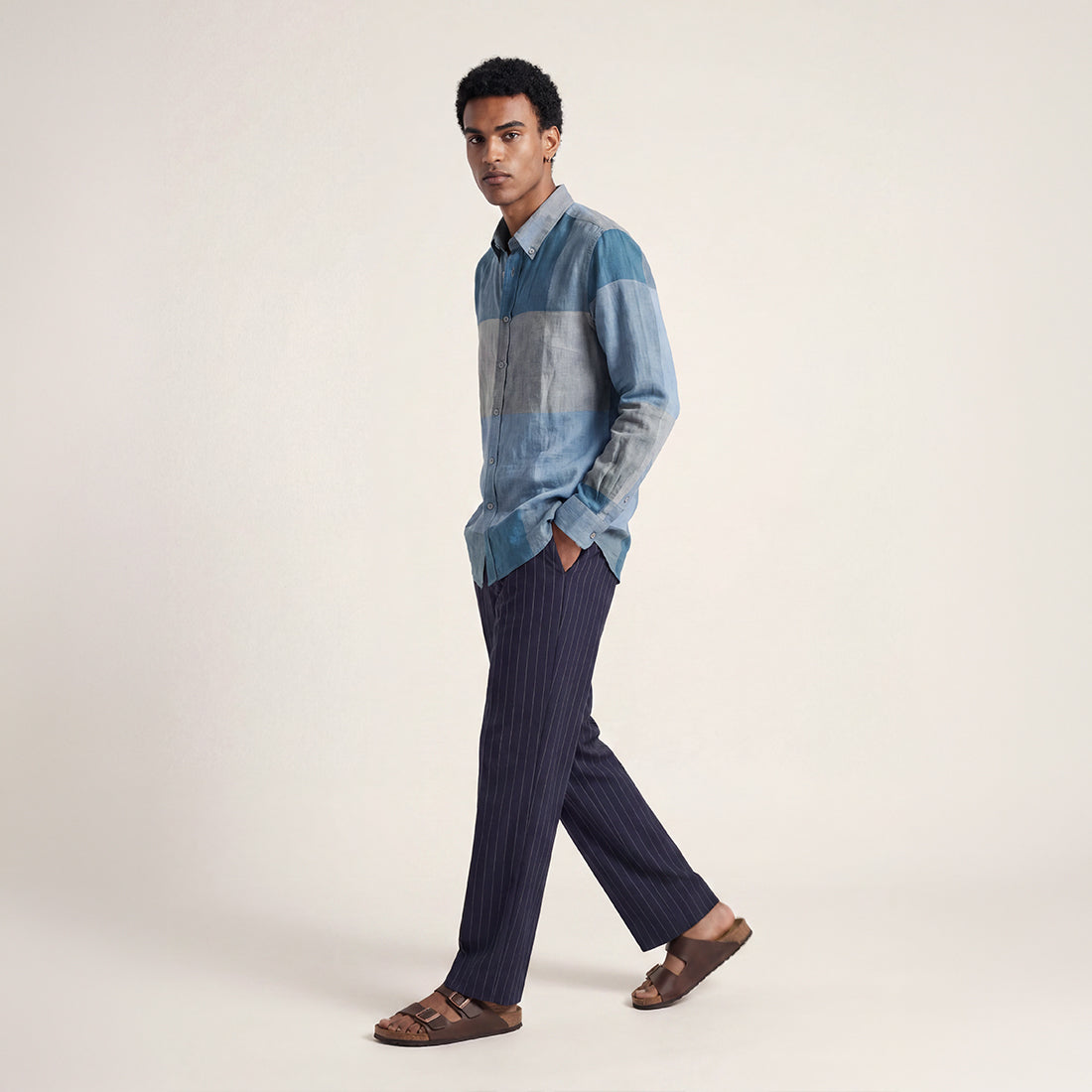 REGULAR FIT INDIGO CHECK COLOUR BLOCK HANDWOVEN COTTON SHIRT