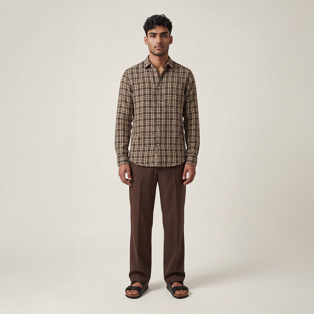 REGULAR FIT DARK BROWN CHECK COTTON SHIRT