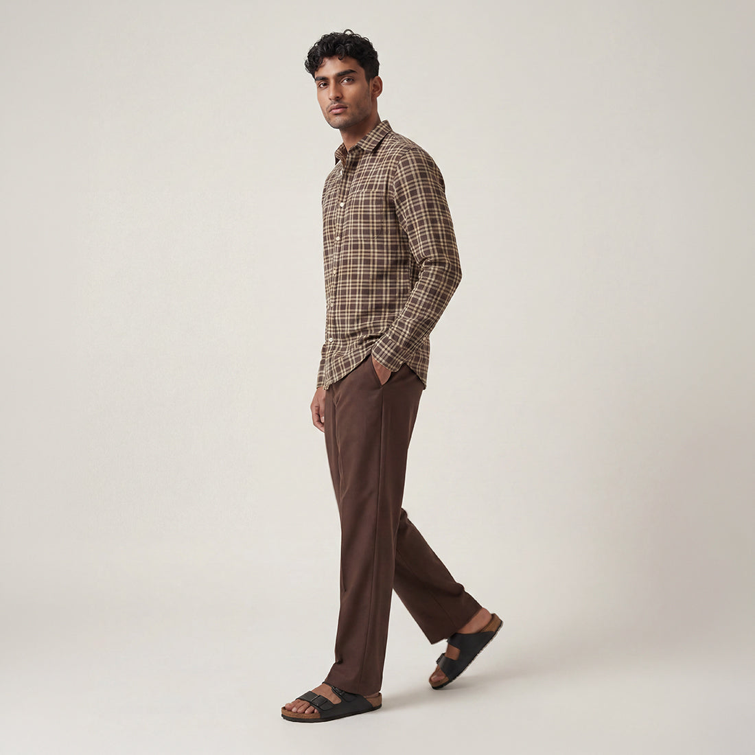 REGULAR FIT DARK BROWN CHECK COTTON SHIRT