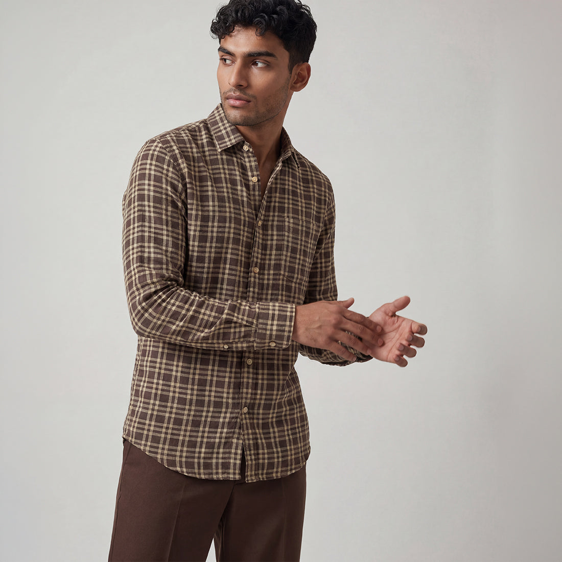 REGULAR FIT DARK BROWN CHECK COTTON SHIRT