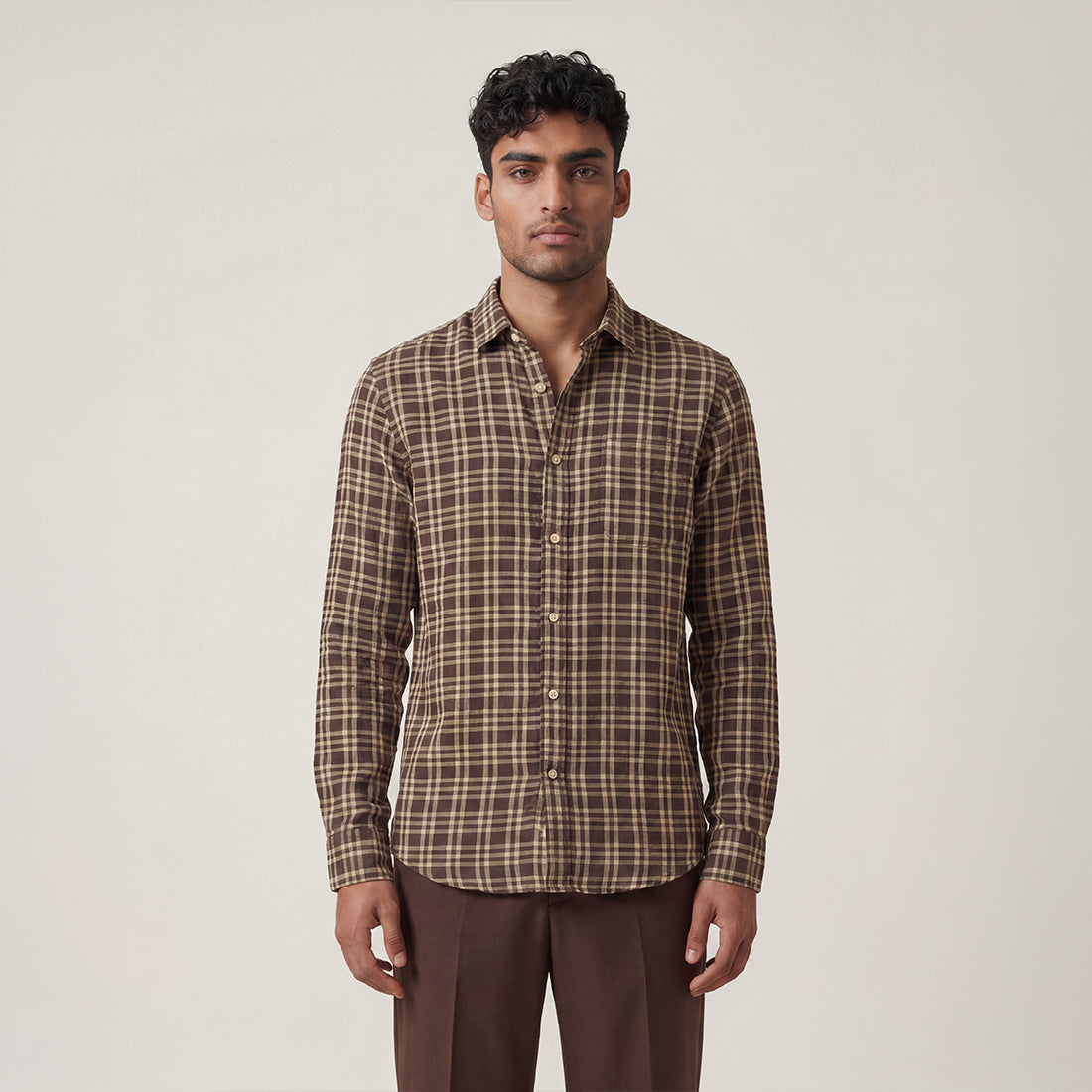 REGULAR FIT DARK BROWN CHECK COTTON SHIRT