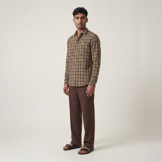 REGULAR FIT DARK BROWN CHECK COTTON SHIRT