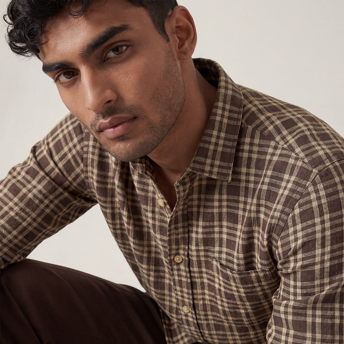 REGULAR FIT DARK BROWN CHECK COTTON SHIRT