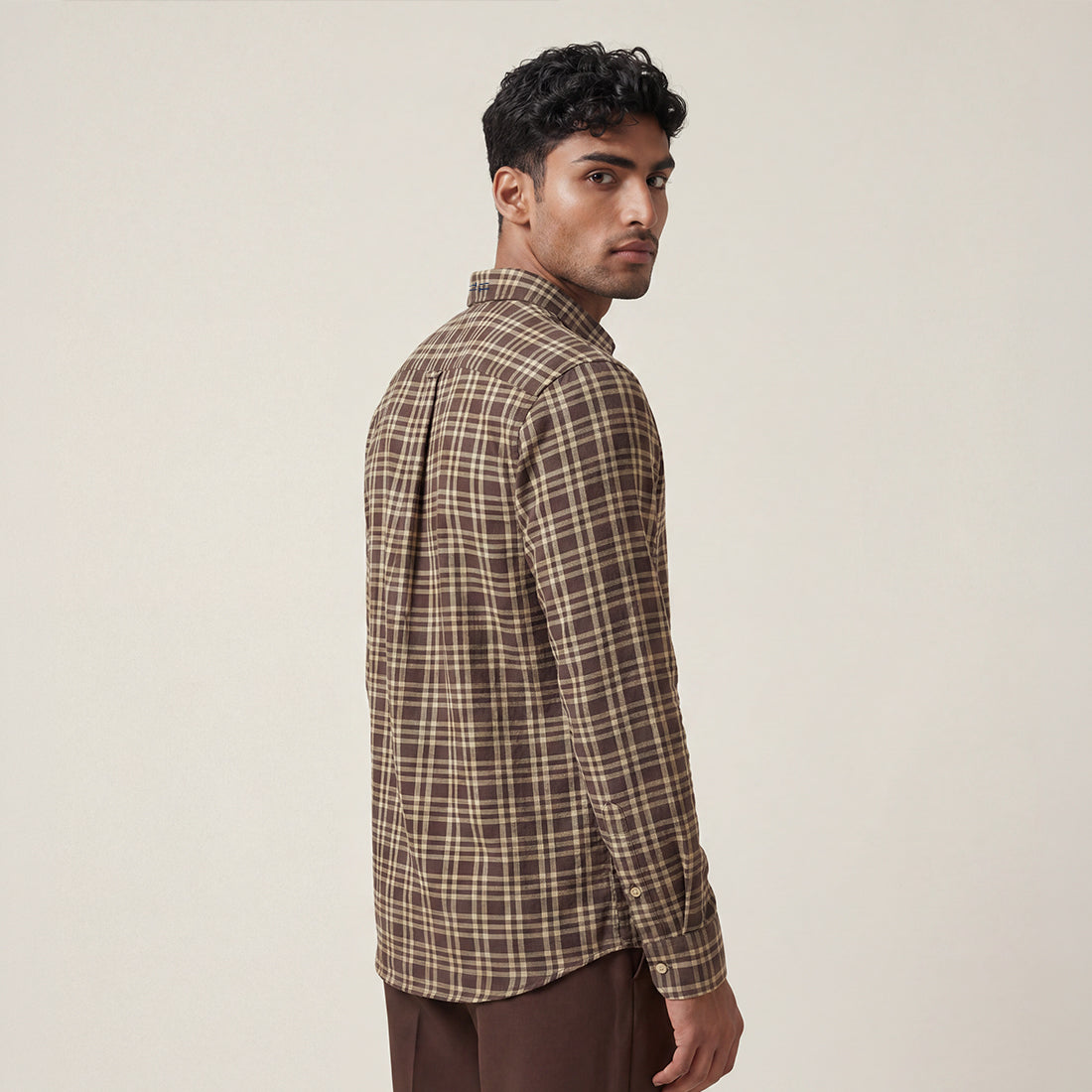 REGULAR FIT DARK BROWN CHECK COTTON SHIRT