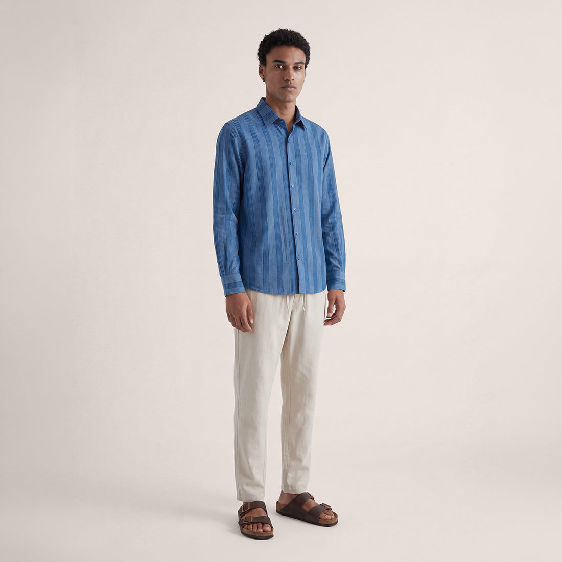 RELAXED FIT INDIGO STRIPES HANDWOVEN COTTON SHIRT