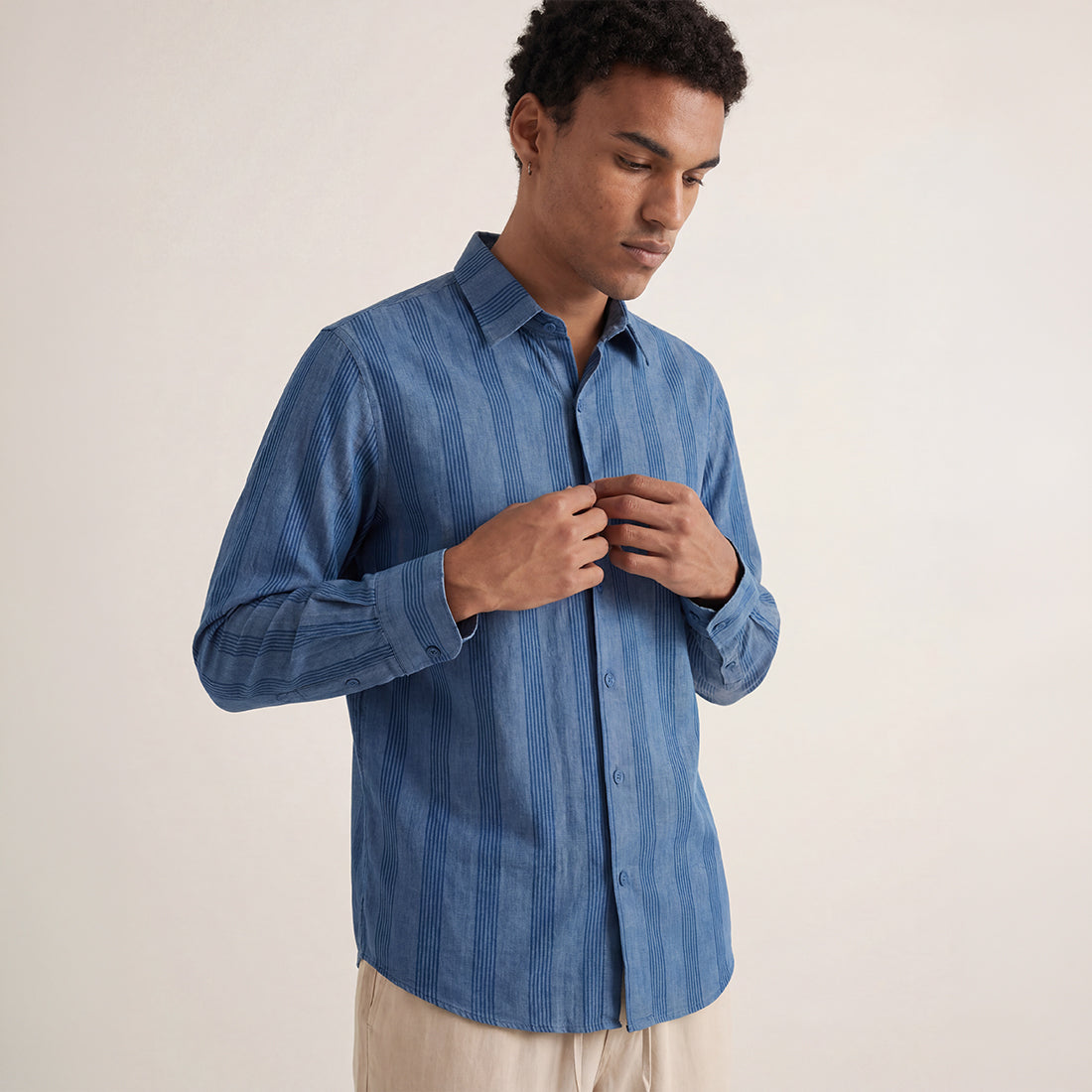 RELAXED FIT INDIGO STRIPES HANDWOVEN COTTON SHIRT