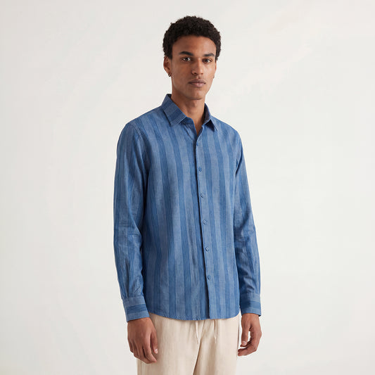 RELAXED FIT INDIGO STRIPES HANDWOVEN COTTON SHIRT