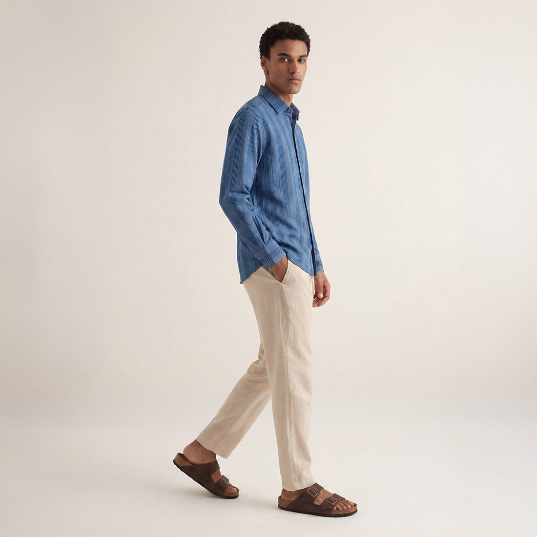 RELAXED FIT INDIGO STRIPES HANDWOVEN COTTON SHIRT