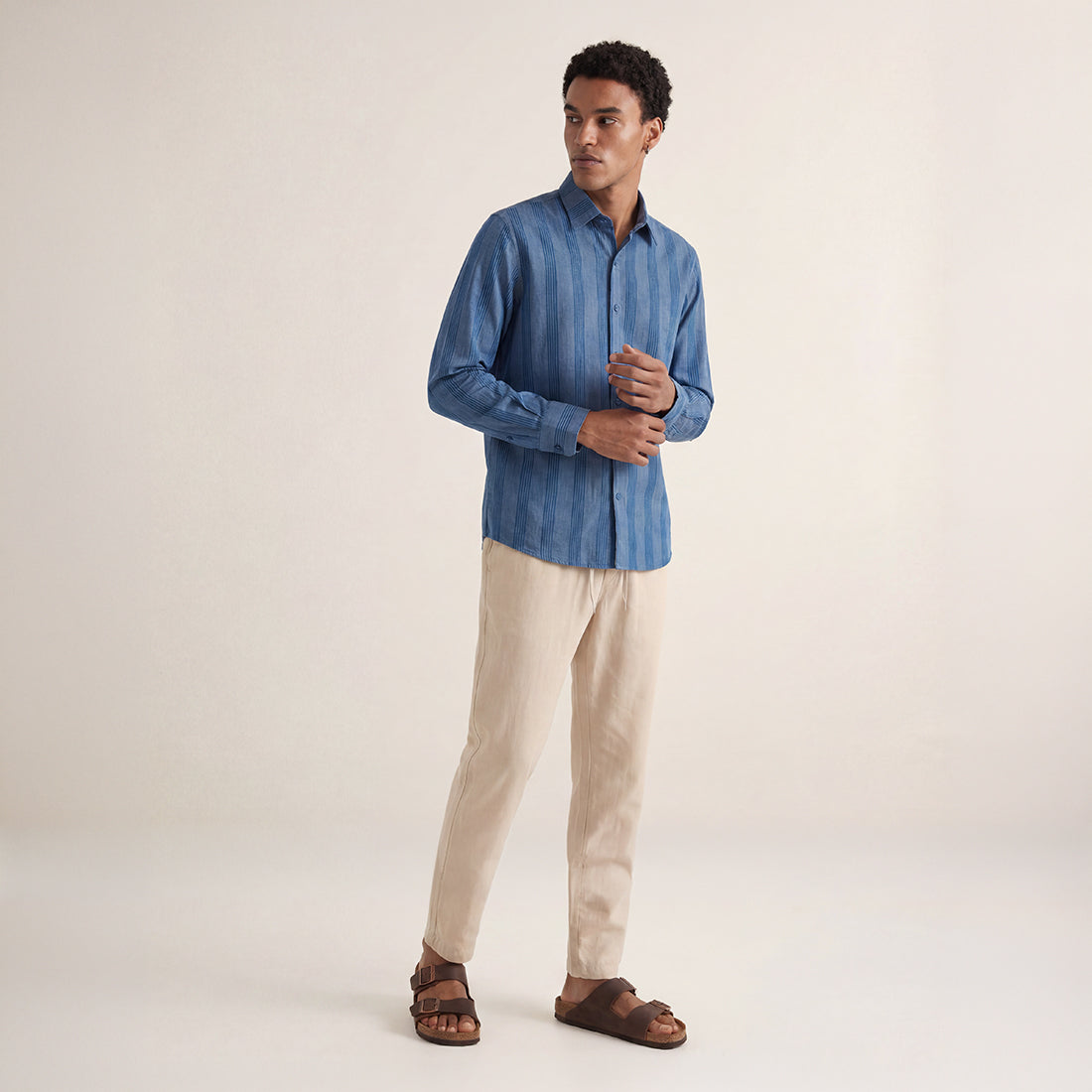 RELAXED FIT INDIGO STRIPES HANDWOVEN COTTON SHIRT